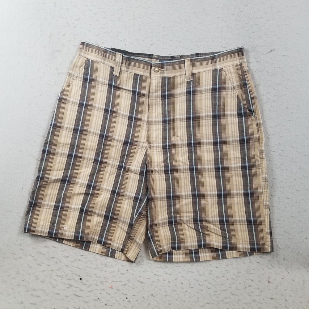 St. John's Bay Shorts Mens 40 Brown Plaid Chino Flat Front 10 Inseam Casual